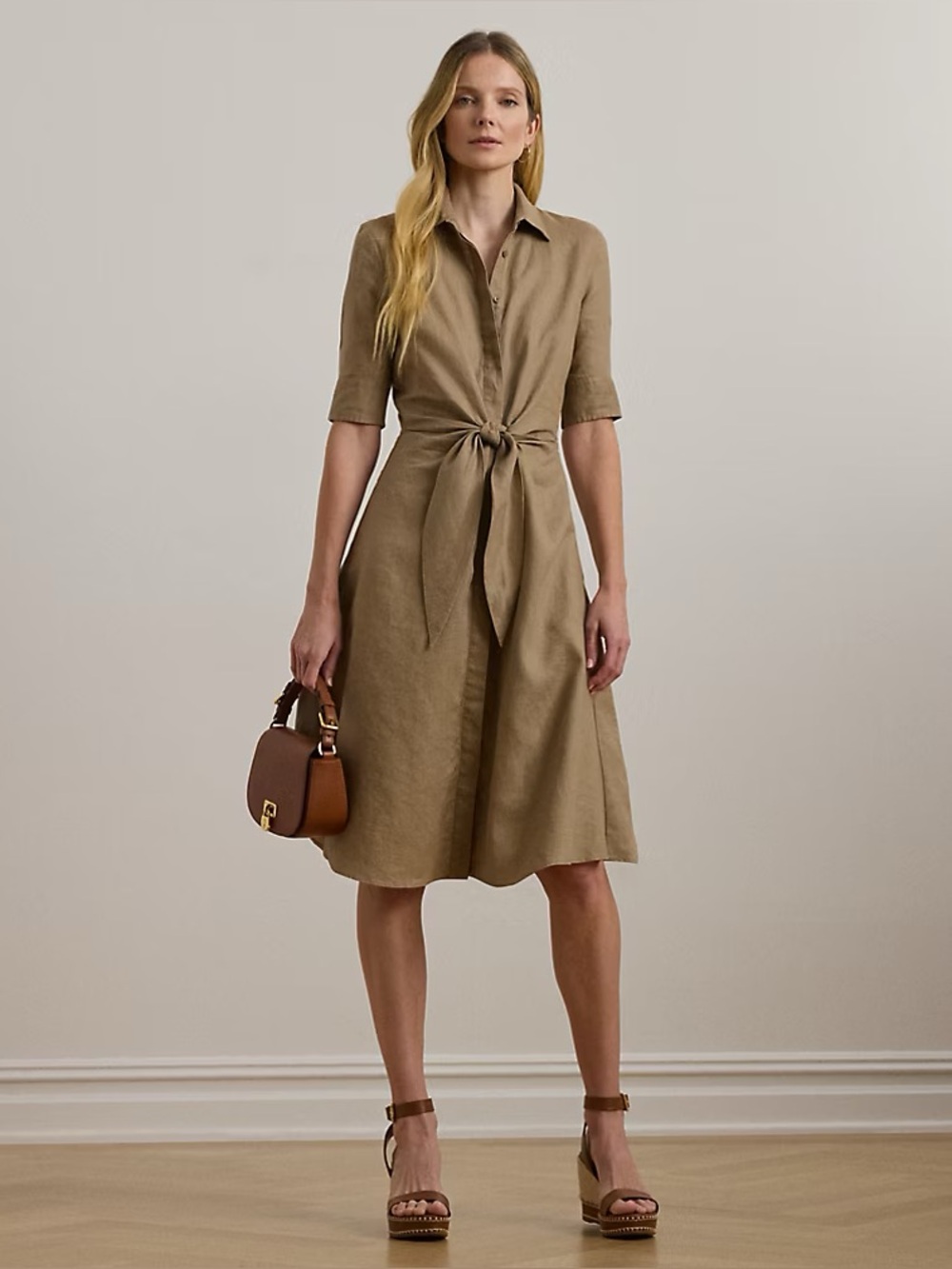 Ralph Lauren Linen Tie-Front Brown/Tan Shirt Dress - Picture 2 of 10